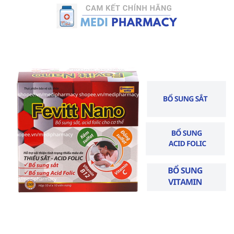 Viên uống bổ máu Fevitt Nano bổ sung Sắt, Acid Folic cho người thiếu máu - Hộp 100 viên