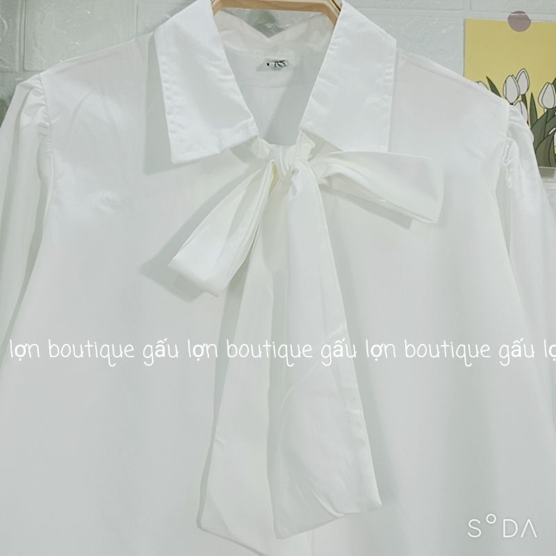 Áo sơ mi kiểu nữ buộc nơ cổ tay bồng tiểu thư