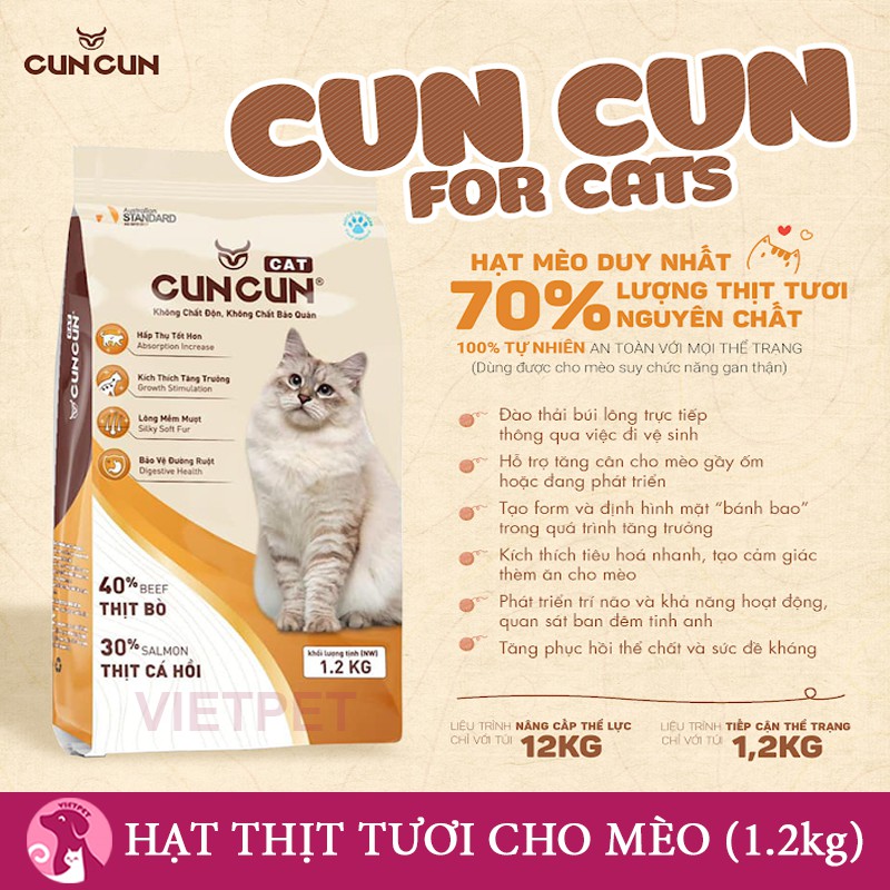 (TẶNG XÚC XÍCH) Thức Ăn Cho Mèo Hạt CUNCUN - Hạt Tươi Dinh Dưỡng Dành Riêng Cho Mèo (1.2kg)