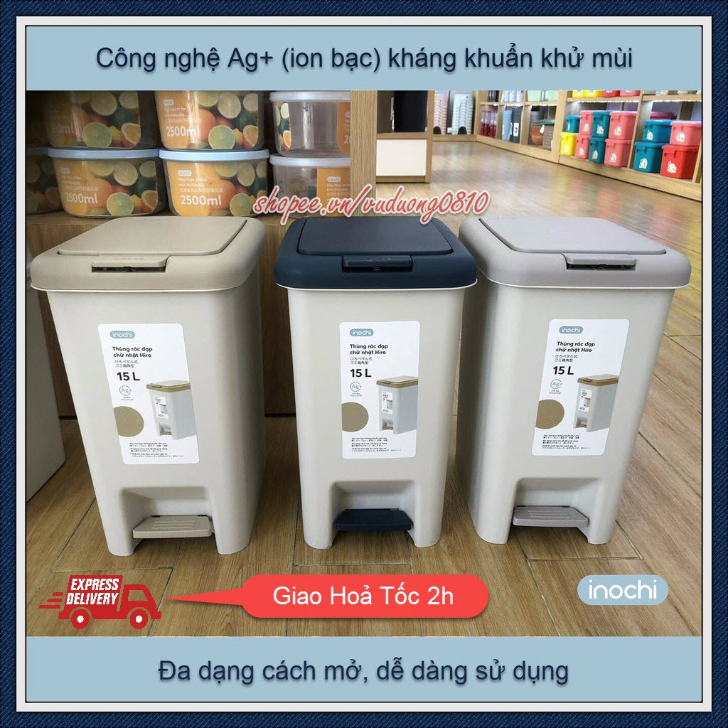 Thùng rác đạp chữ nhật cao cấp Inochi (có lõi) ✿✿✿ ion Ag+ kháng khuẩn khử mùi [giao hoả tốc 2h]