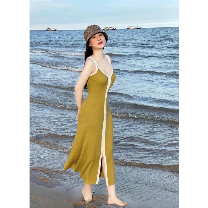 Đầm váy len cổ V hai dây viền dáng dài 120cm xẻ tà Quảng Châu ❤️ Freeship ❤️