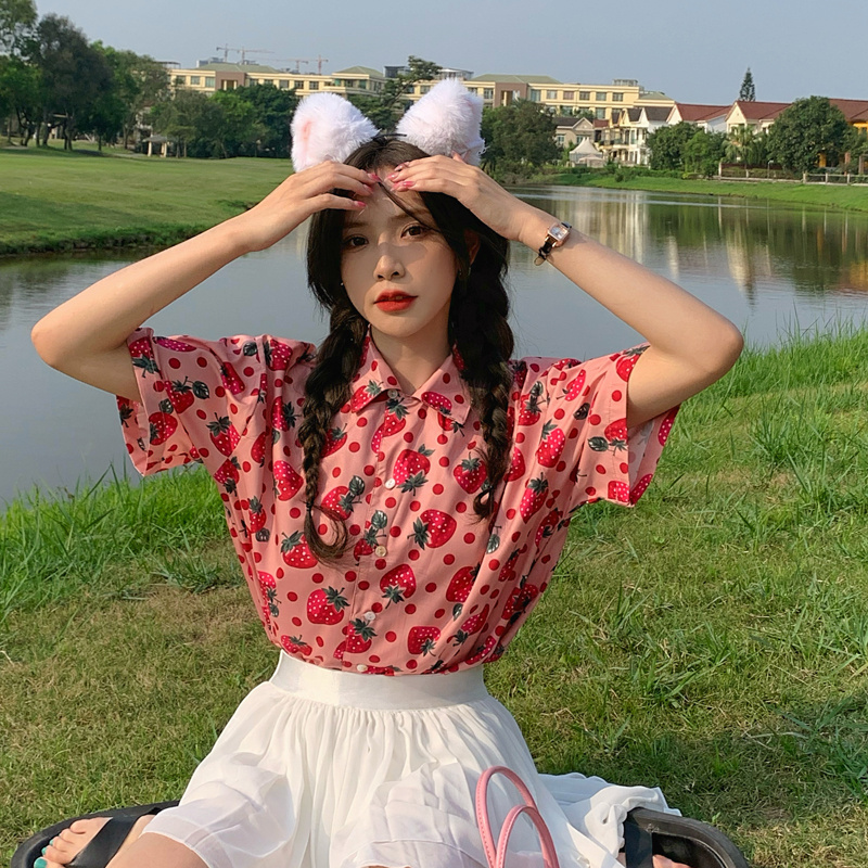 Áo Sơ Mi Nữ Tay Ngắn Dáng Rộng In Hình Quả Dâu Phong Cách Hàn Quốc