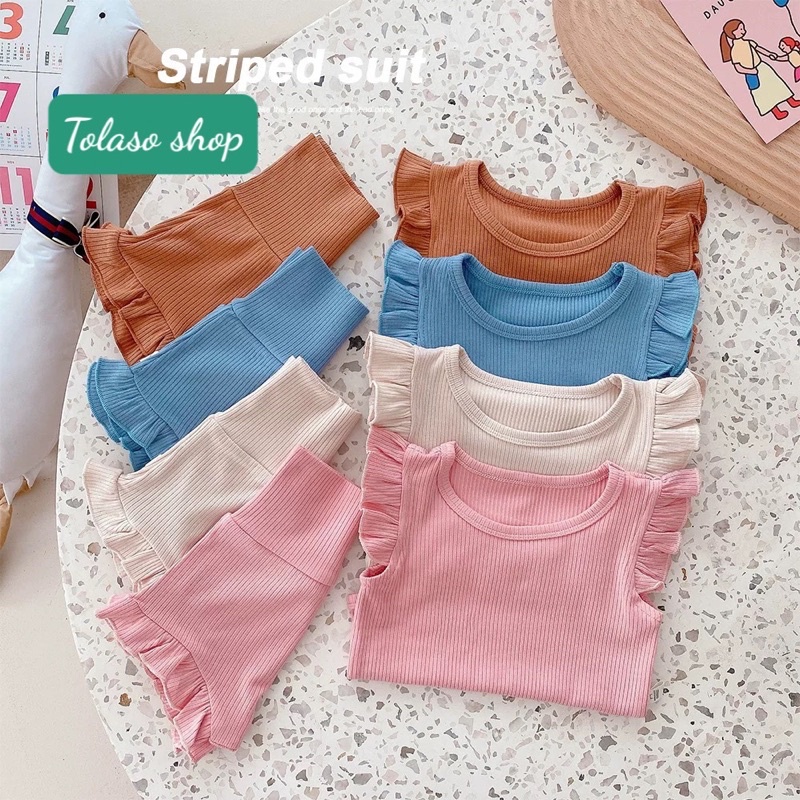 Bộ tăm lạnh tay bèo cho bé gái, Bộ cộc trẻ em phong cách Hàn Quốc mùa hè mát 5-15kg