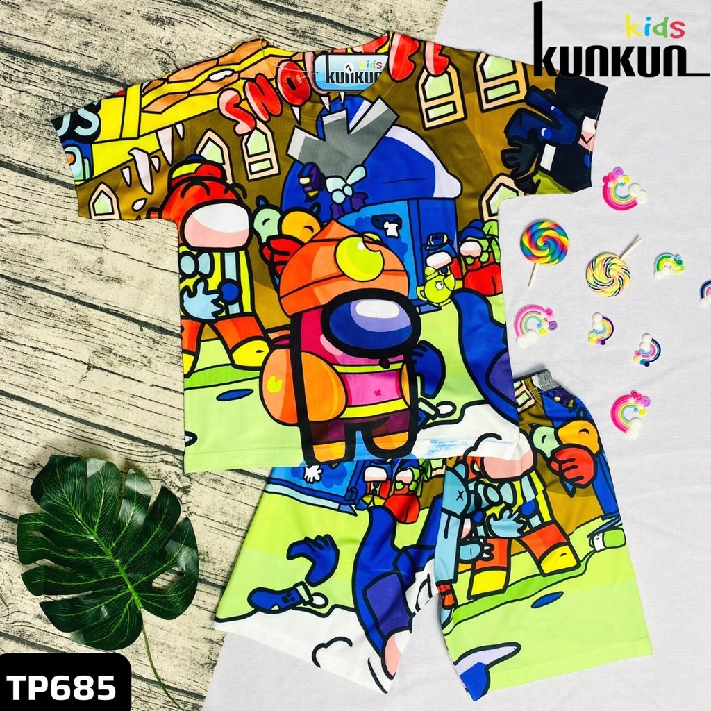 Quần áo bé trai KUNKUN TP685 tay ngắn in 3d hoạt hình Among us - Đồ bộ trẻ em size đại 10kg - 60kg chất thun lạnh