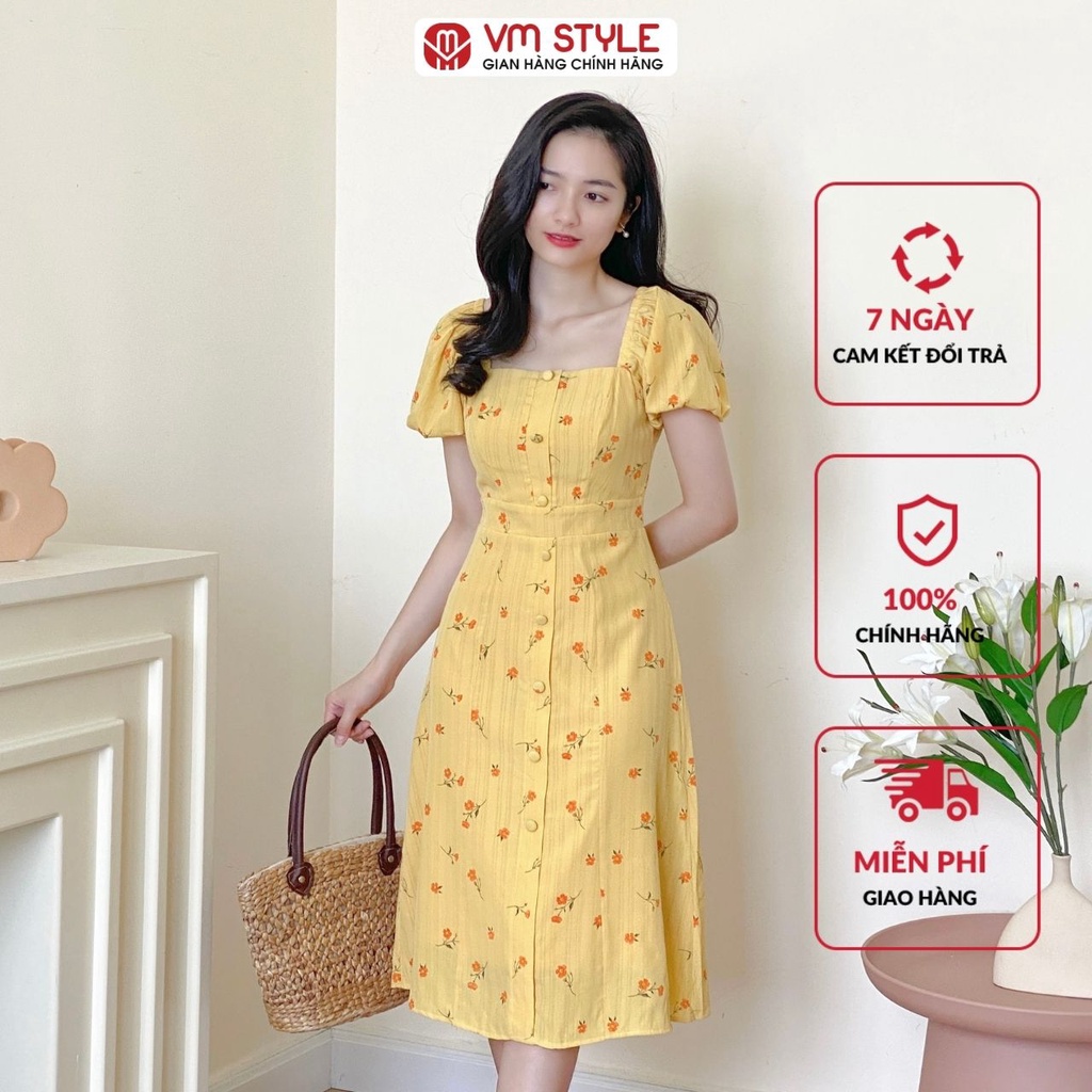 Đầm hoa dài VMSTYLE tay phồng chun vai phối nút bọc Y175 - 22VD04Y011401