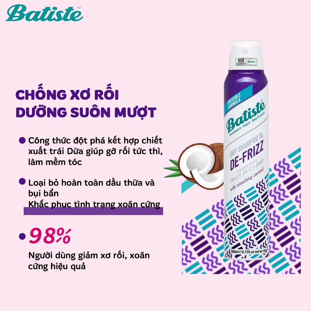 Dầu Gội Khô Batiste Chống Xơ Rối, Dưỡng ẩm Cho Tóc Batiste Dry Shampoo & DE—FRIZZ 200ml