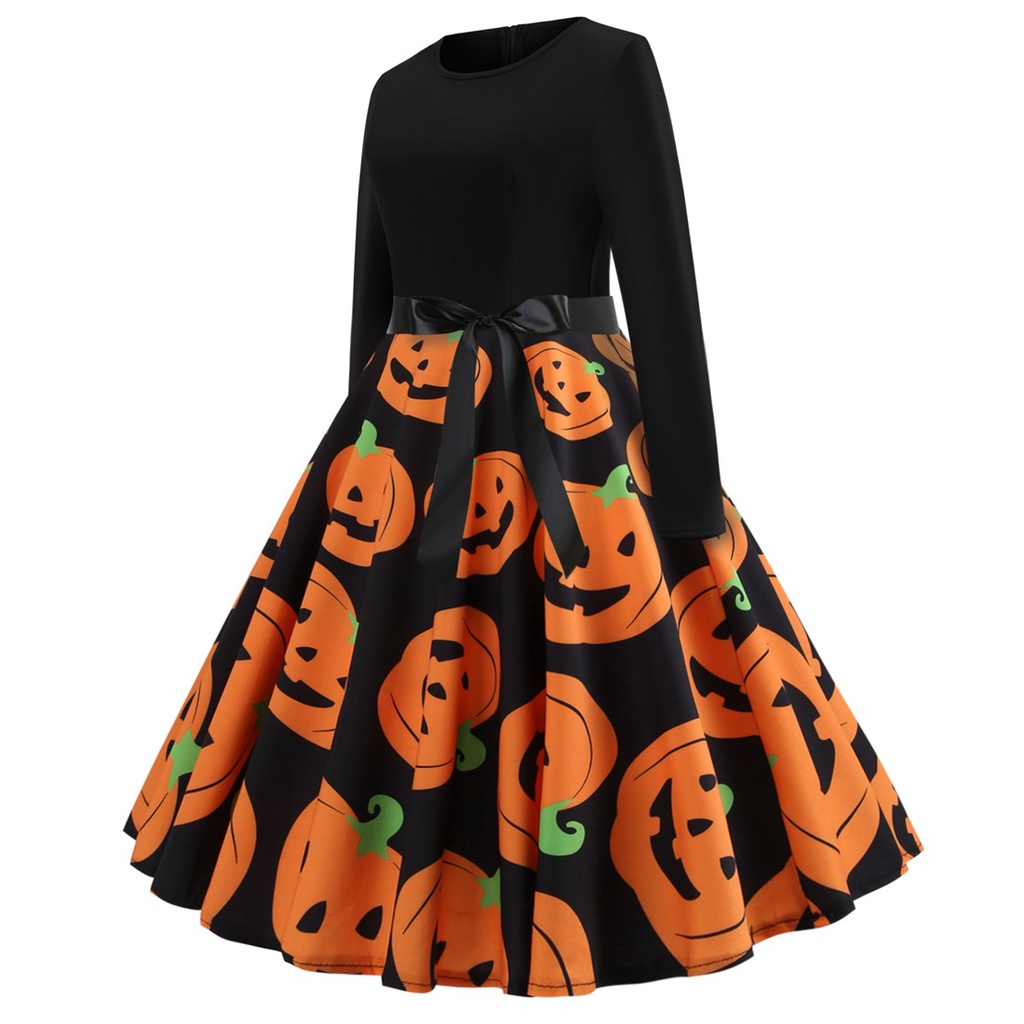 Đầm Xòe Tay Dài Cổ Tròn Màu Đen In Họa Tiết Bí Ngô Halloween Thời Trang Thu Đông Cho Nữ