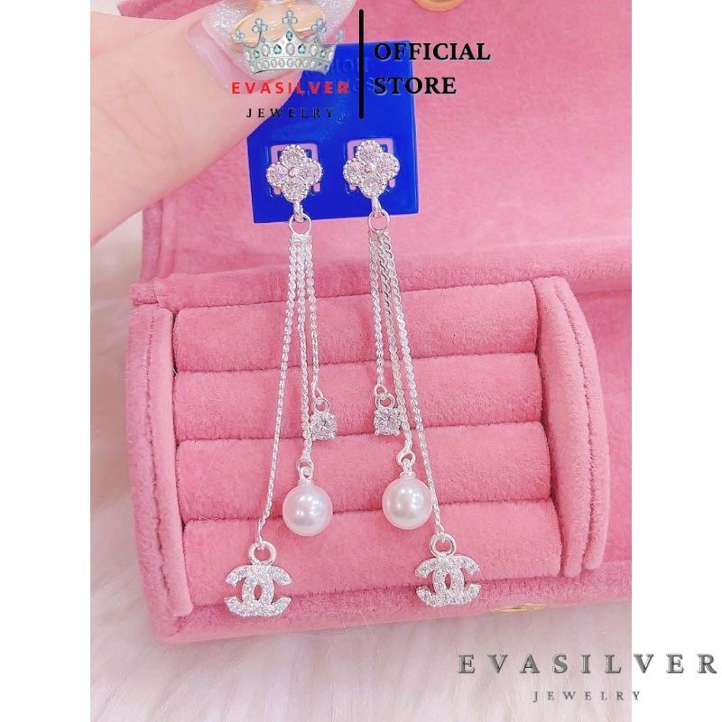 Bông tai bạc chữ C đính hạt trai dáng dài nữ tính - trang sức bạc Evasilver