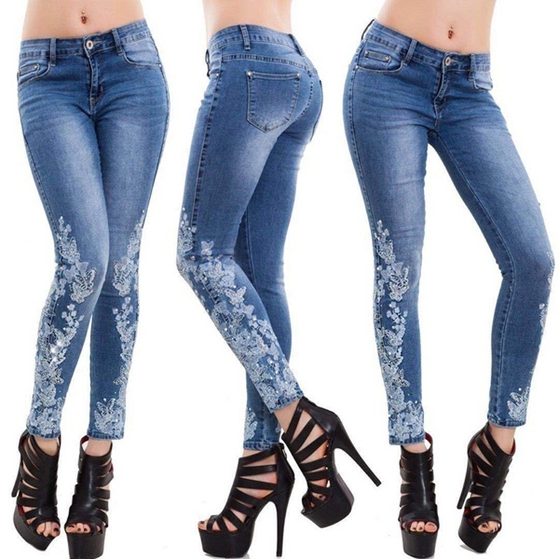 Quần jean skinny lưng cao co giãn thêu họa tiết đính đá sang trọng