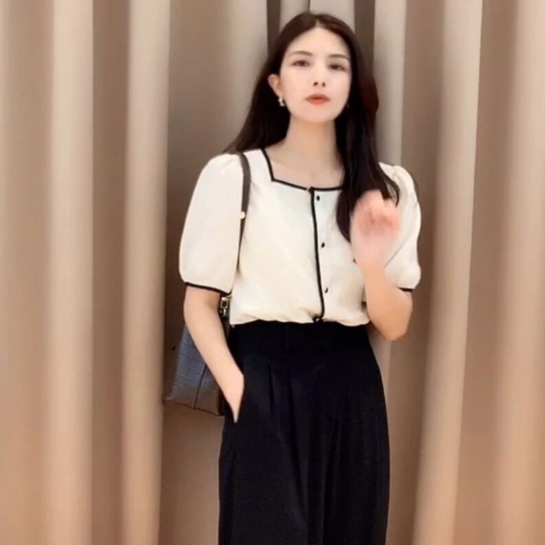 Áo Sơ Mi Nữ YANGME Cổ Vuông Kiểu Cổ Tàu Ngắn Tay Thời Trang Teen Hàn Quốc