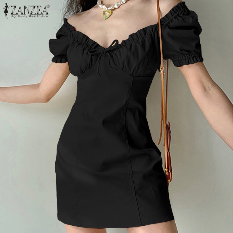 Zanzea Đầm Tay Phồng Ngắn Cổ Vuông Phong Cách Hàn Quốc Thời Trang Cho Nữ