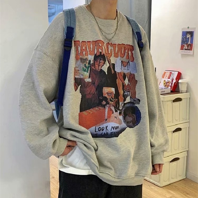 Áo sweater tay dài cổ tròn dáng rộng in họa tiết hoạt hình phong cách đường phố Hàn Quốc thời trang cho nam size M-5XL