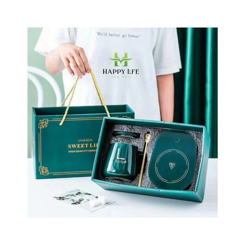 Cốc hâm nóng đồ uống kèm đế điện, bộ ly cốc hâm nóng - Happy Life 4U