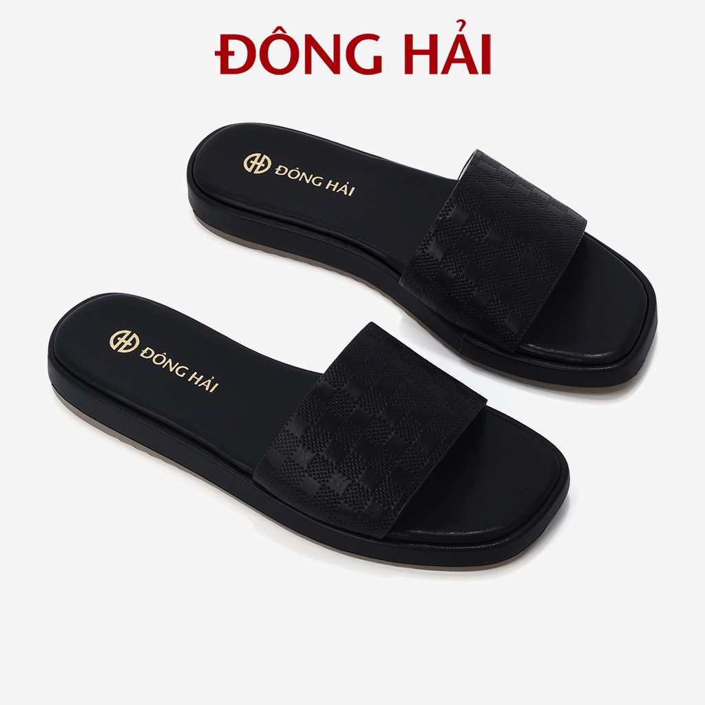 Dép da nữ Đông Hải thiết kế quai ngang họa tiết caro đế bằng cao su dập vân chắc chắn 3cm - D7426
