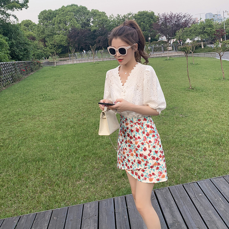 SUXI Áo sơ mi tay ngắn cổ V phối ren phong cách retro nữ tính