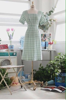 Đầm caro xanh đan dây lưng (kèm hình thật)