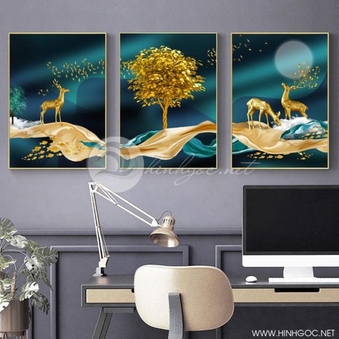 T40 Bộ 3 Tranh Treo Tường Cầu Thang/ Phòng Khách/ Cá Cờ Và Hươu Sao Kim Tiền Decor Phòng Ngủ Đại Sảnh Quà Tân Gia