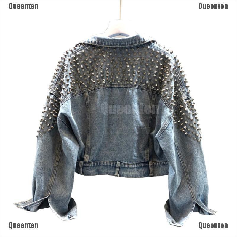 ★Queen★Solid Turn-down Collar Jean Rivet Jacket Women Loose Casual Coats Denim Outwear