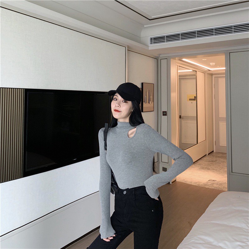 Women New Solid Color Half-neck T-shirt Off-shoulder Slim Long-sleeved T-shirt | BigBuy360 - bigbuy360.vn