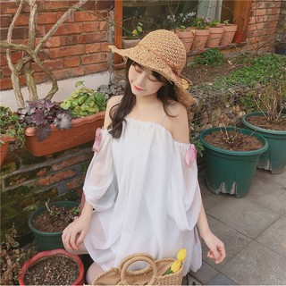 Set áo khoác kimono viền ren + váy hai dây trễ vai vải voan trắng tay áo thắt nơ phong cách Hàn Quốc ulzzang