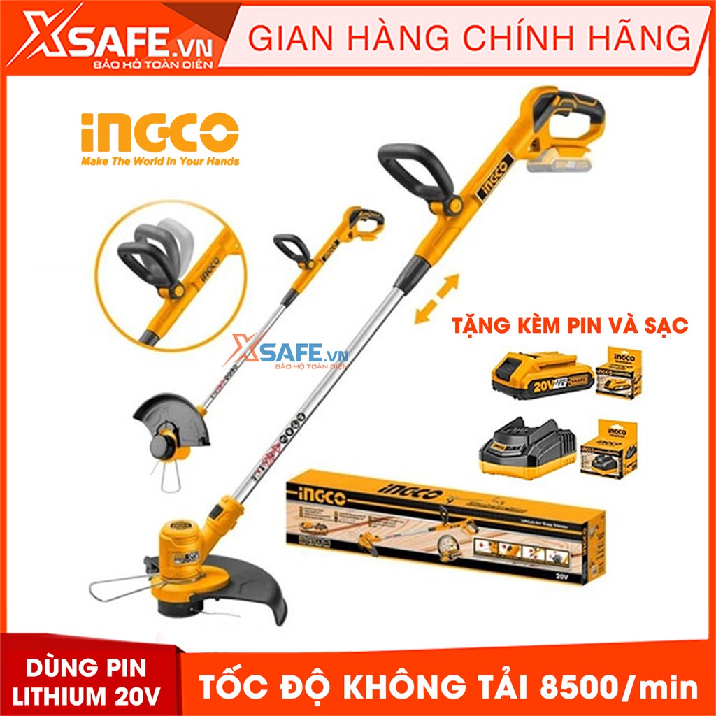 Máy cắt cỏ INGCO CGTLI2001 Tặng kèm Pin Lithium 20V và Sạc. Tốc độ không tải 8500/min, chiều dài lưỡi cắt 300mm