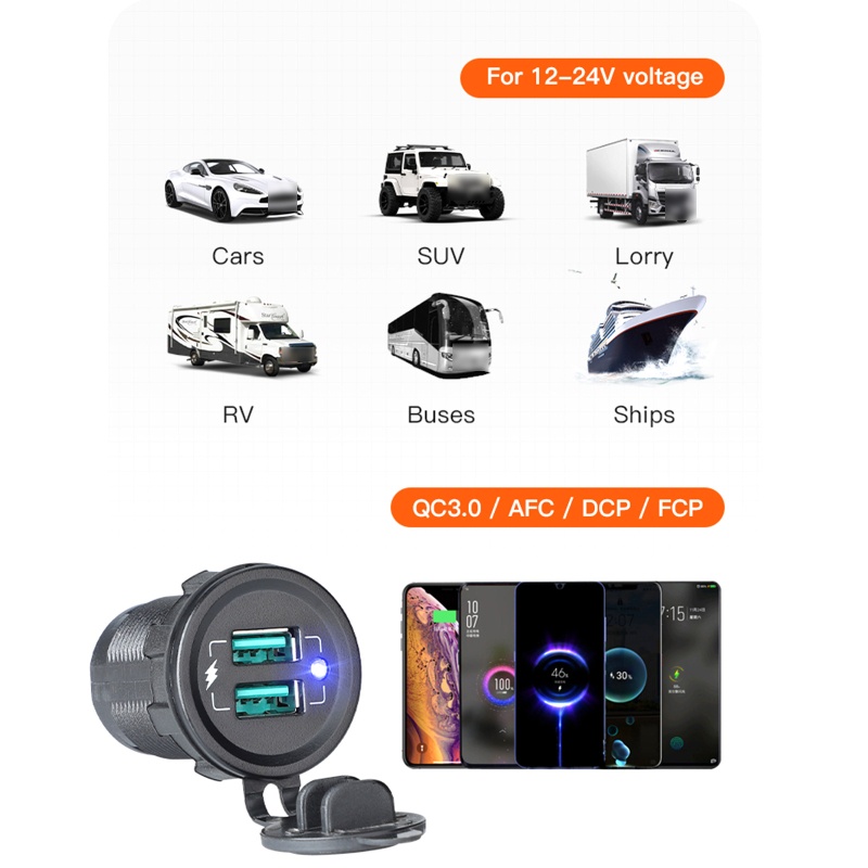 Bộ Sạc Điện Thoại Nhanh QC 3 0 Hai Cổng USB 12V-24V 22 5W Cho Xe Hơi / Máy Tính Bảng