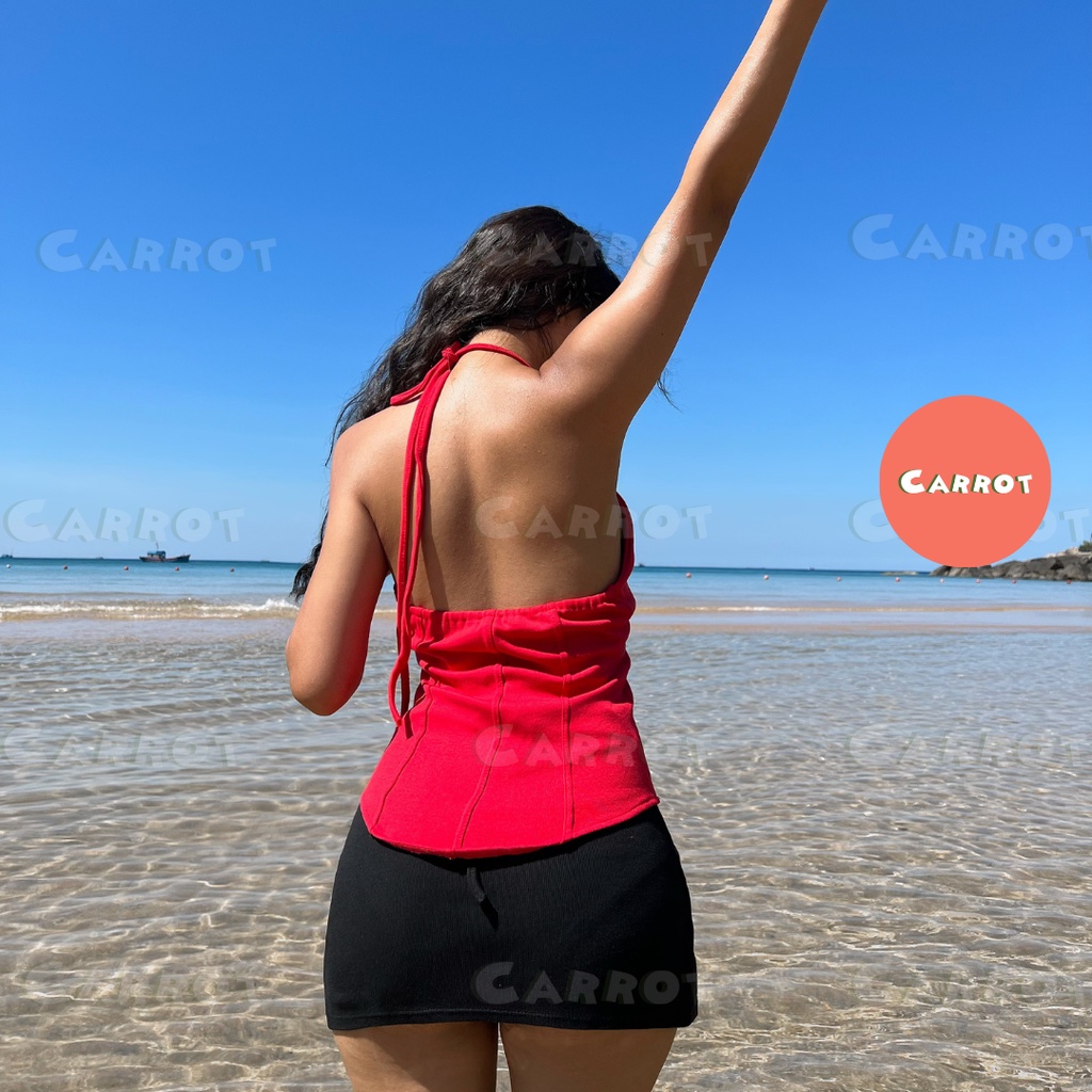 Áo croptop thiết kế khoét ngực tôn dáng chân váy ngắn ôm body cột  đi biển đi du lịch carrotxinhdep chất cao cấp co giãn