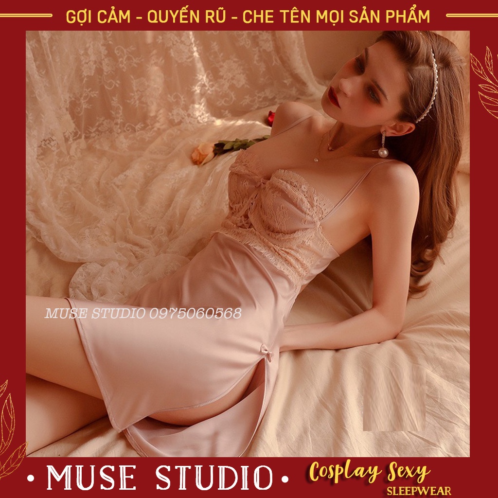 Váy ngủ sexy, đầm ngủ gợi cảm có gọng nâng ngực xẻ hai bên đùi vải satin hàng cao cấp