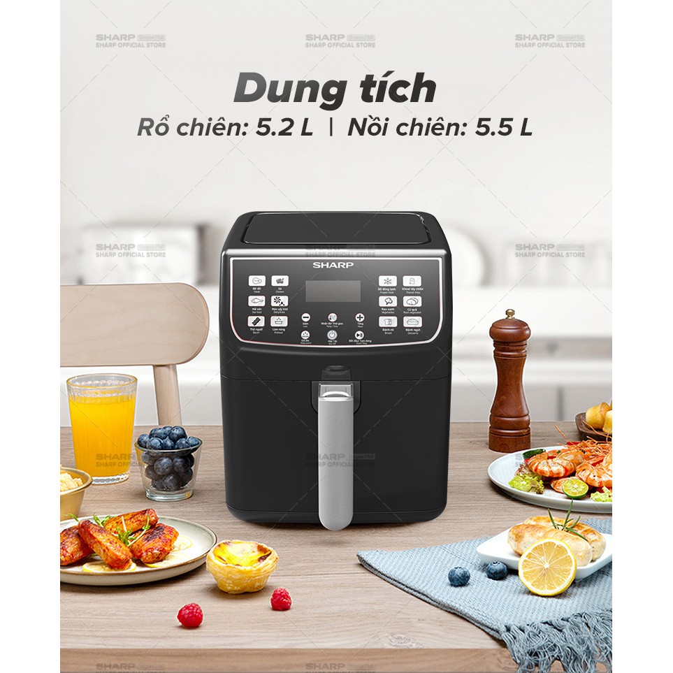 [Mã ELBAU10 giảm 10% đơn 500K]Nồi Chiên Không Dầu Sharp KF-AF55EV-BK [NEW 2021] Chống Dính 5.5L [1550-1850W]