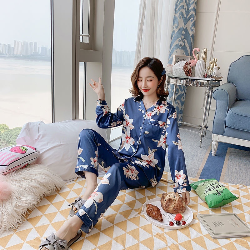 Set đồ ngủ dài tay vải lụa lạnh mỏng nhẹ in họa tiết thời trang xuân thu dễ thương cho nữ