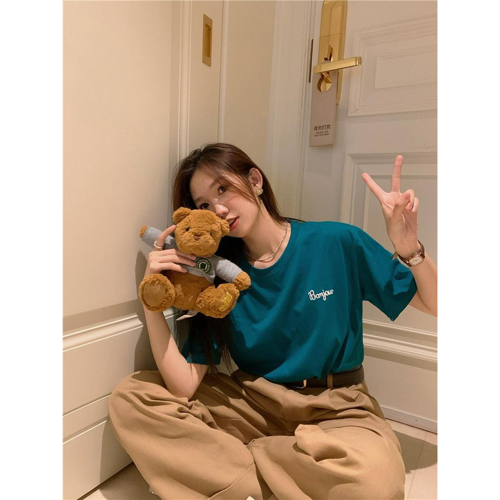 Áo Thun Cotton Cổ Tròn Dáng Rộng Ngắn Tay Thêu Hình Thời Trang Cá Tính 62379