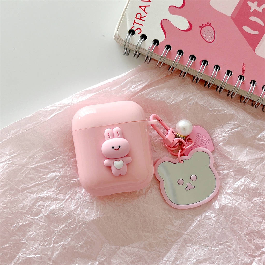 Vỏ Bảo Vệ Hộp Sạc Tai Nghe AirPods Pro 1 2 3 Hình Thỏ Hồng Dễ Thương Kèm Gương Soi Tiện Dụng