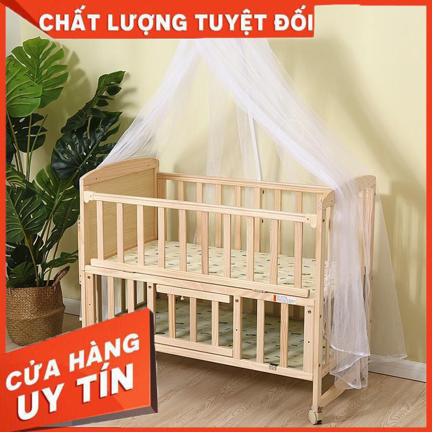 Cũi 2 tầng trẻ em,nôi gỗ cho bé, giường cũi gỗ thông cho bé 3 trong 1 tặng kèm màn (Bảo Hành 3 Năm)