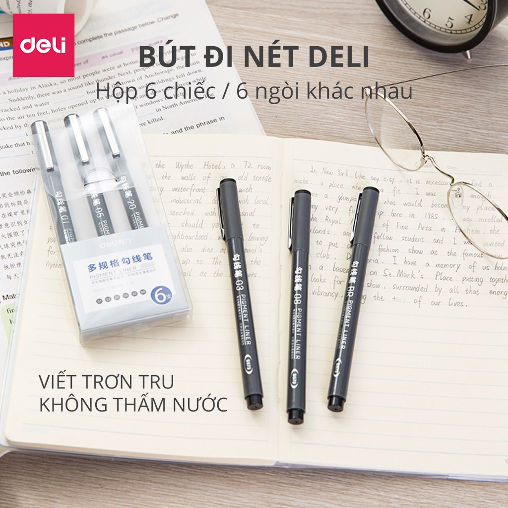 Bút kỹ thuật đi nét nhiều ngòi màu đen Deli - kháng nước - vẽ caligraphy phác thảo - bộ 6 chiếc  - S573