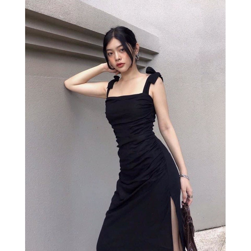 KILIG DRESS Đầm đen trắng 2 dây nơ form dài xẻ tà đùi (ảnh thật)