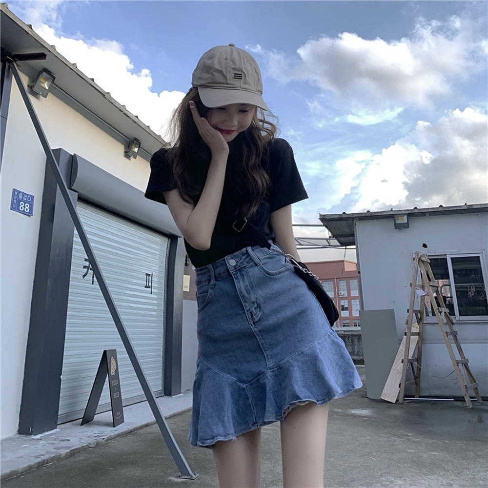 Chân Váy Denim Lưng Cao Dáng Chữ A Phong Cách Retro 50301