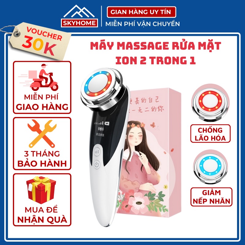 Máy massage rửa mặt mini cầm tay, máy đẩy tinh chất điện di tinh chất nóng lạnh giảm mụn tẩy trang nâng cơ mặt SKYHOME