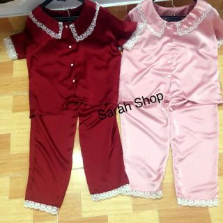 Bộ lụa satin cổ ren + bèo tay ngắn quần dài