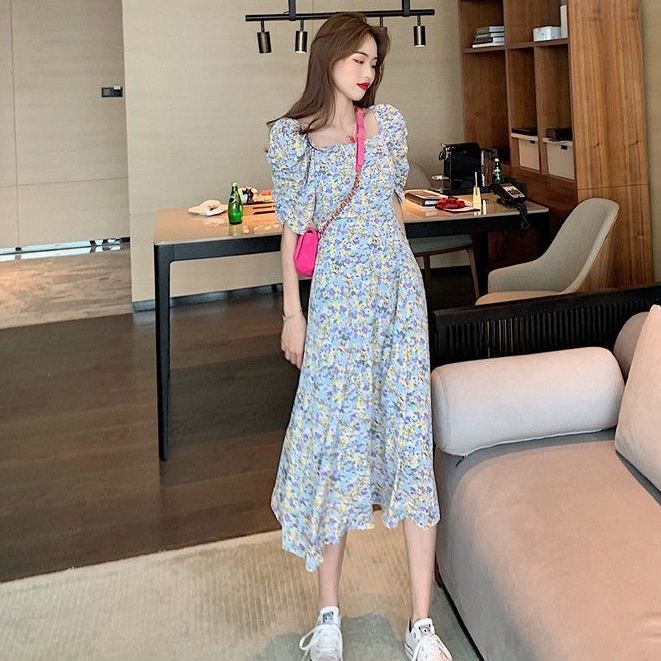 Đầm Dài Eo Cao Tay Phồng In Hoa Phong Cách Pháp Ngọt Ngào Thời Trang Mùa Hè Mới Dành Cho Bạn Nữ