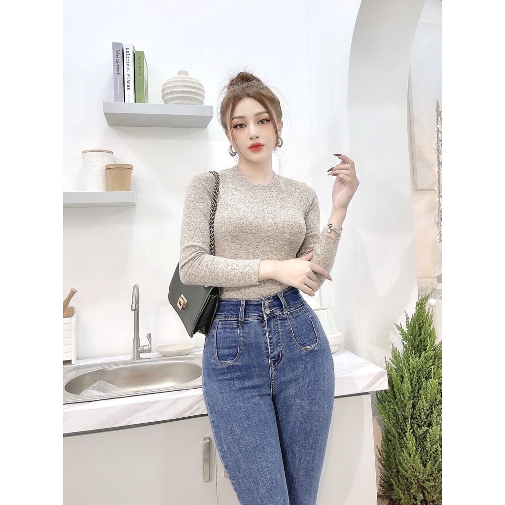 Quần jean dáng ôm lưng cao nữ CRAZYTEEN thiết kế túi ngoài nữ tính K0269
