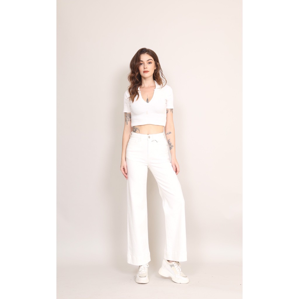 Quần Jean Nữ Ống Rộng Cạp Cao Co Giãn Trơn Gấu Tua Rua CT JEANS