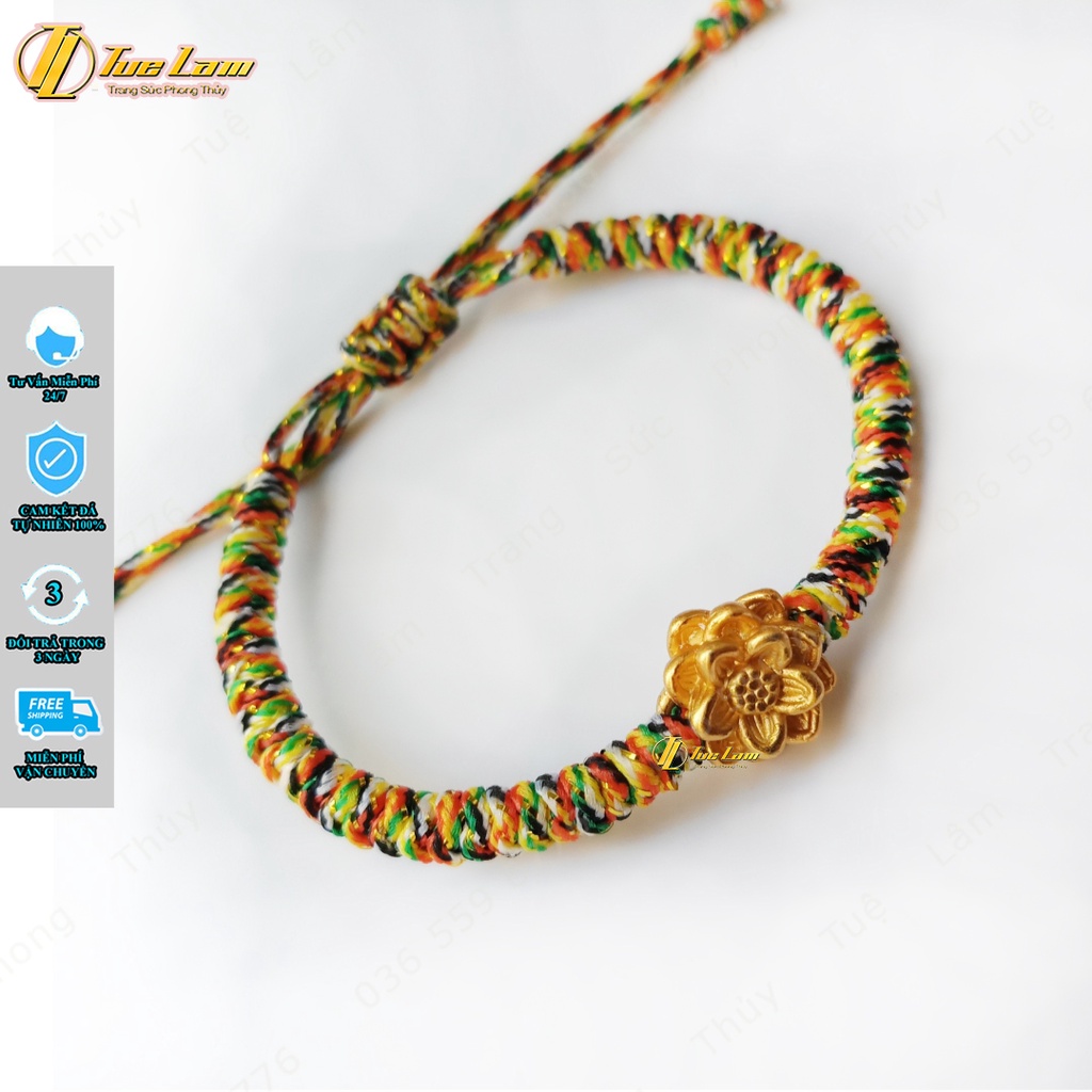 Vòng tay chỉ ngũ sắc tây tạng may mắn bện handmade charm hoa sen bạc mạ màu vàng bình an - Tuệ Lâm