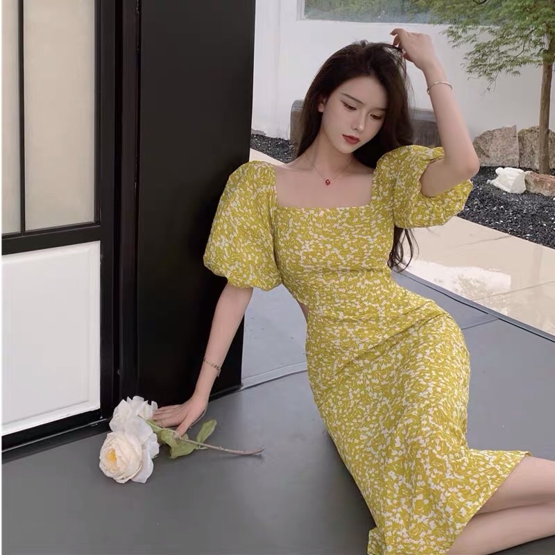 Order - Váy cổ vuông tay phồng cắt eo tôn dáng