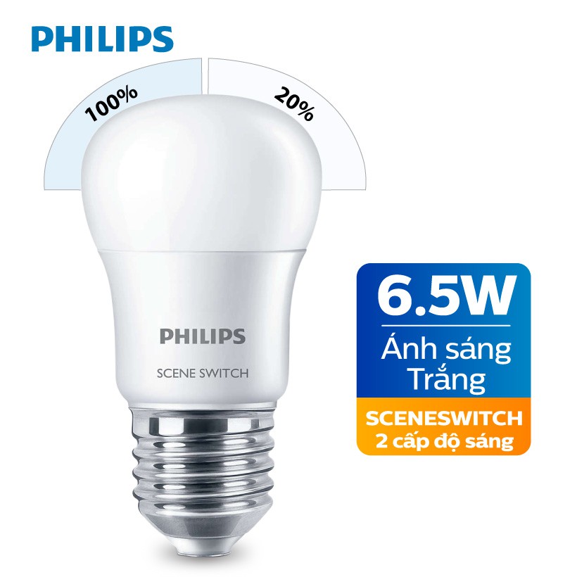 Bóng Đèn Philips LED Scene Switch 2 Cấp Độ Chiếu Sáng 6.5W 6500K E27 P45 - Ánh Sáng Trắng