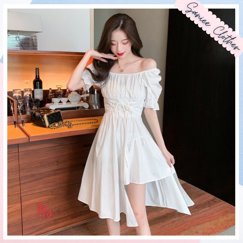 Váy Nữ Dáng Xòe Chữ A Đan Dây Lệch Tầng Xẻ Tà Tay Bồng Chất Thô Saniee Clother