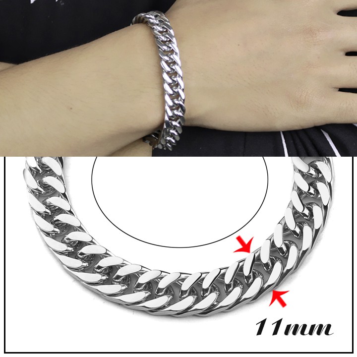 (New Fashion) Lắc tay nam inox kiểu lặc đôi cạnh vuông 11 mm trắng sáng, không đen, siêu đẹp, bao ngầu
