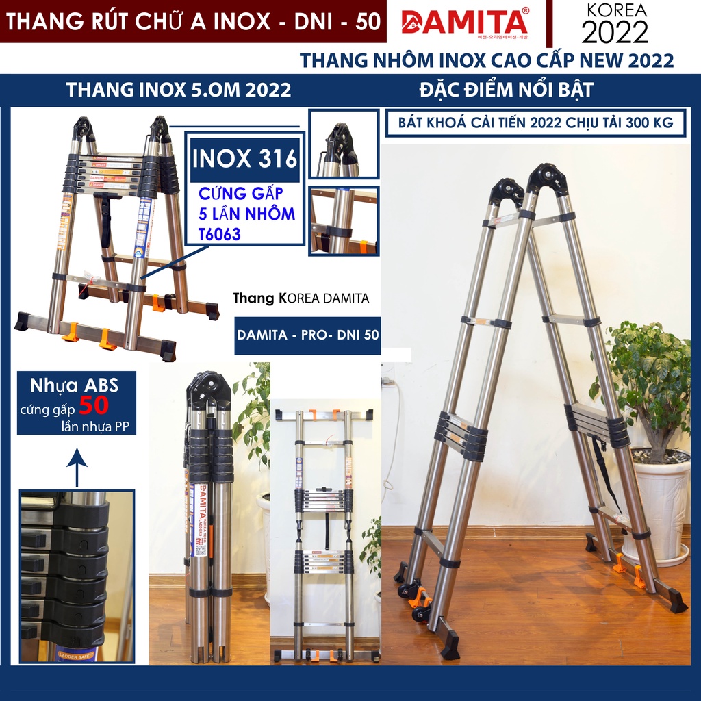 Thang Nhôm Rút chữ A INOX 316 A 5met6 2.8+2.8 cao cấp có bánh xe đai khóa chốt lưng mẫu mới 2022 độc quyền DAMITA korea