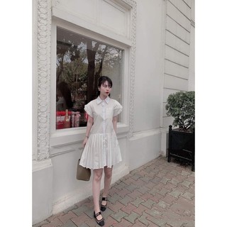 Váy sơ mi thô xếp ly viền tay bèo