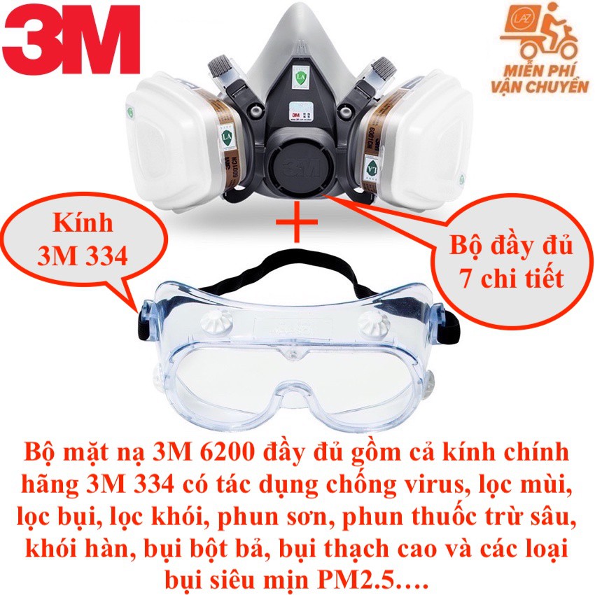 Bộ mặt nạ 3M 6200 hoặc 3M 6100 và kính phòng độc dùng phun sơn, thuốc sâu, phòng độc khói đám cháy, chống bụi mịn PM2.5