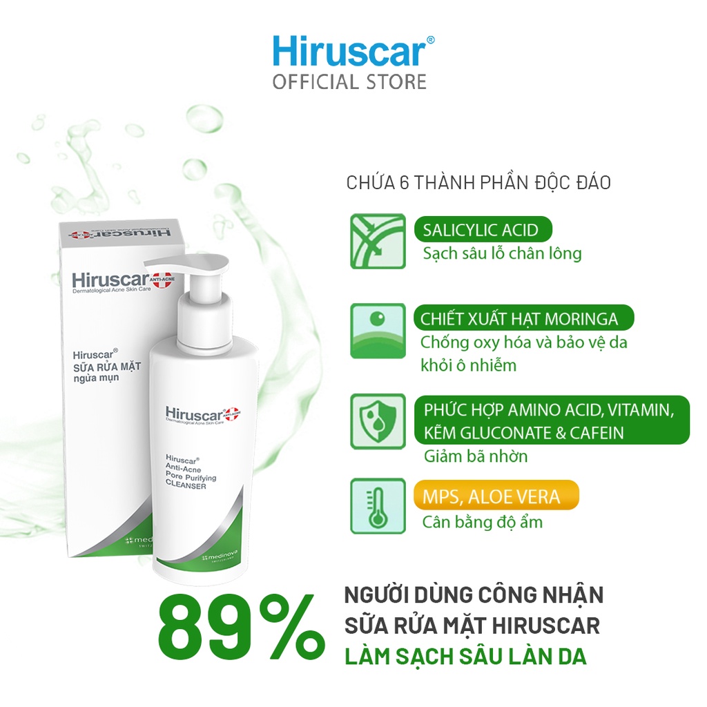 Combo Gel làm mờ sẹo mụn, thâm mụn Hiruscar Post Acne 10g, Gel chấm mụn 10g và Sữa rửa mặt 100g